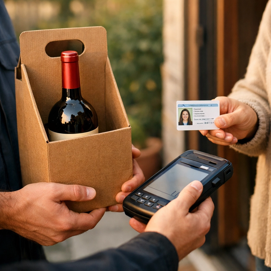Driver checking ID for an alcohol delivery to ensure restaurant insurance policy compliance.