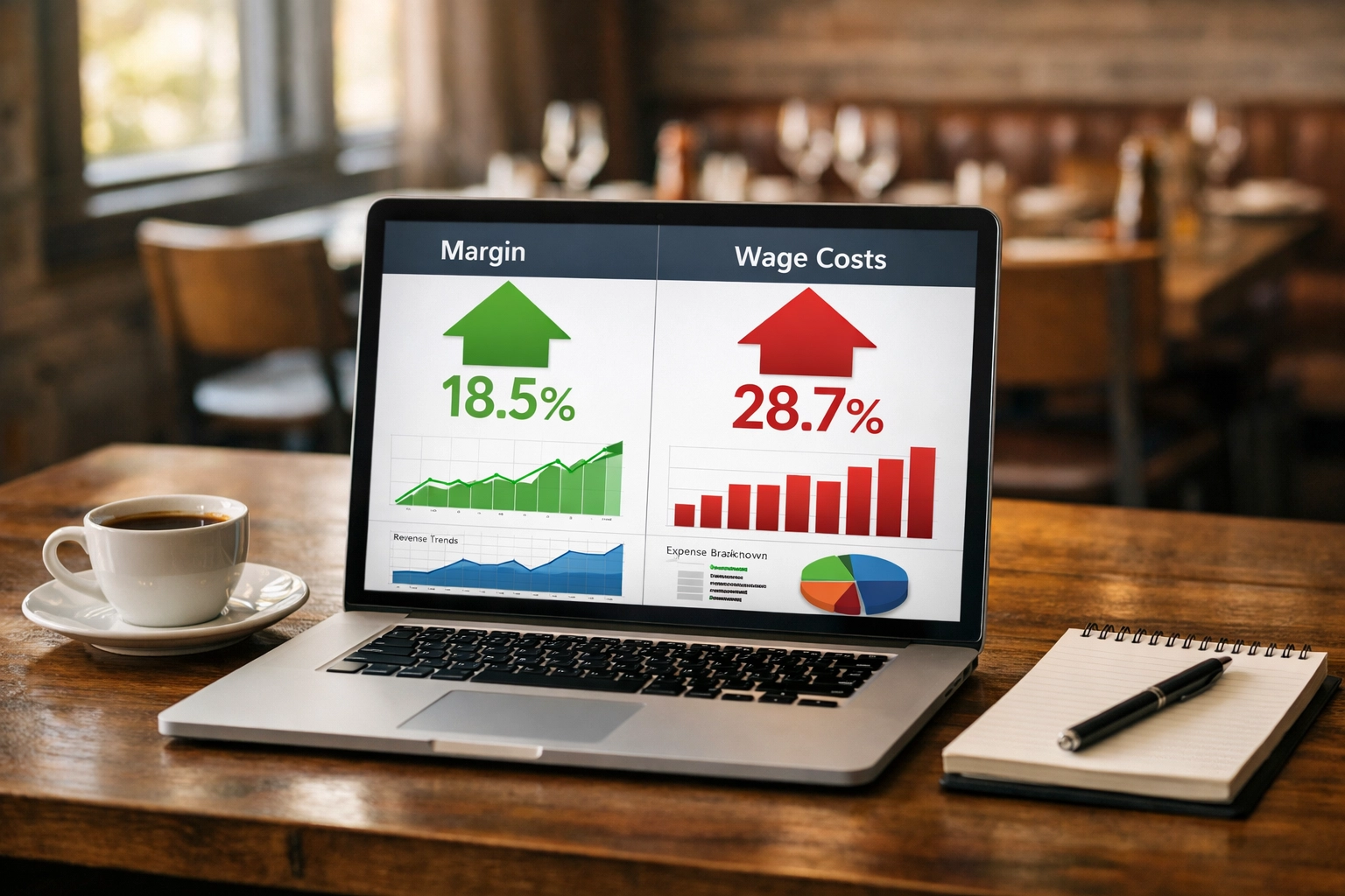 Restaurant profit dashboard showing margin growth despite rising California minimum wage costs