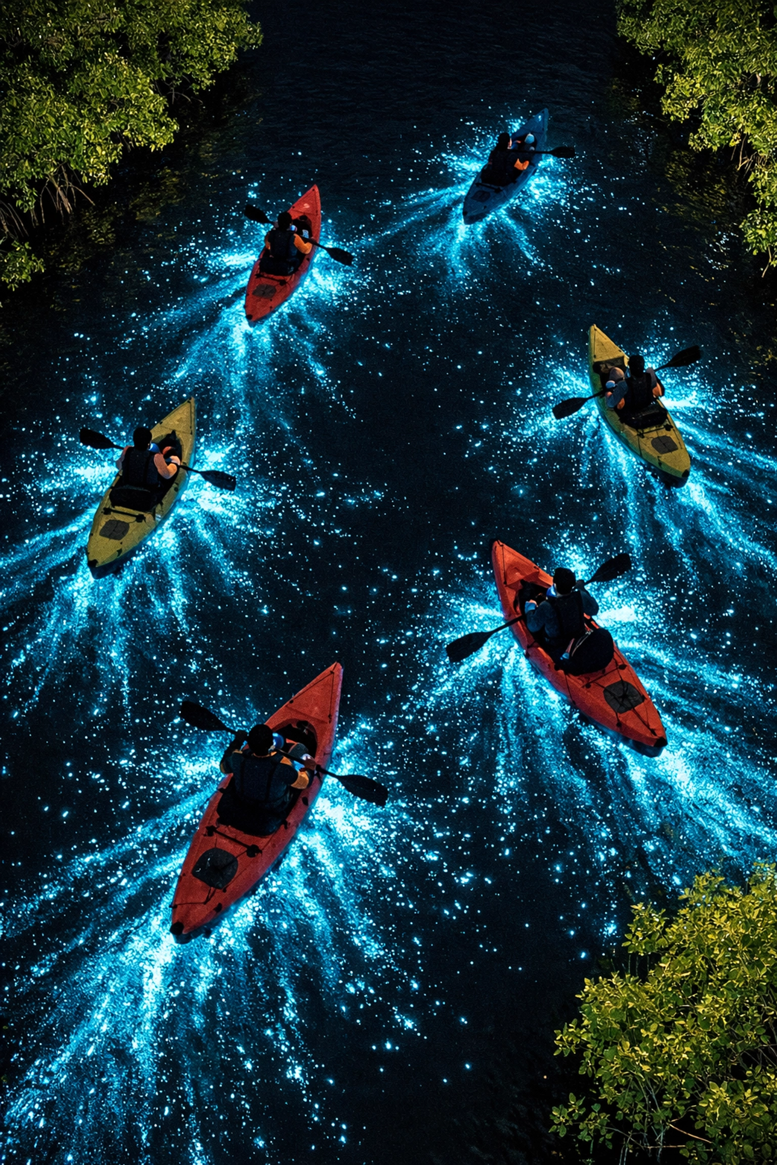 Kayakers paddling through glowing bioluminescent water on Florida bioluminescence tour