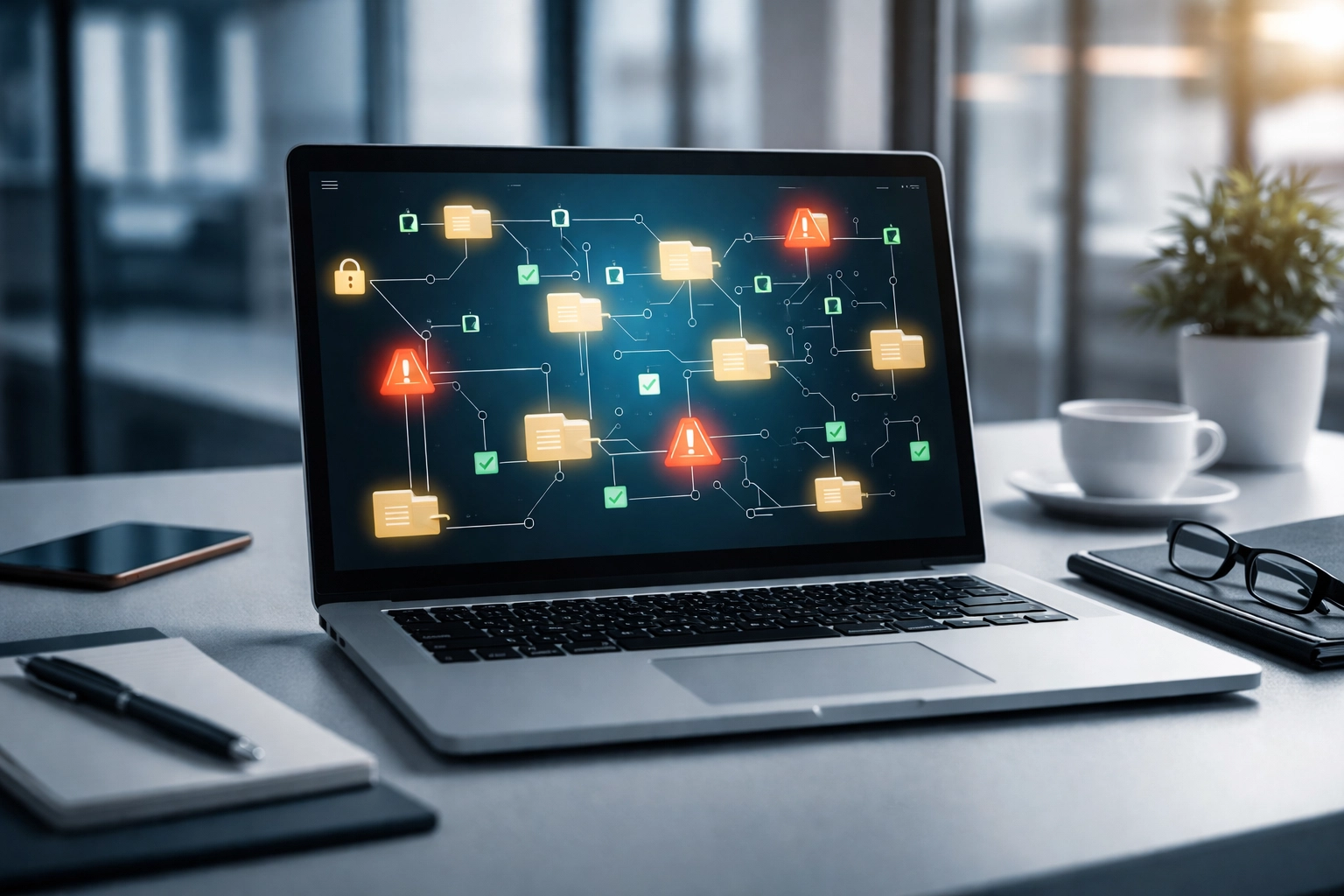 Desk with laptop displaying folder permissions and access risks, illustrating Microsoft 365 security for Copilot users