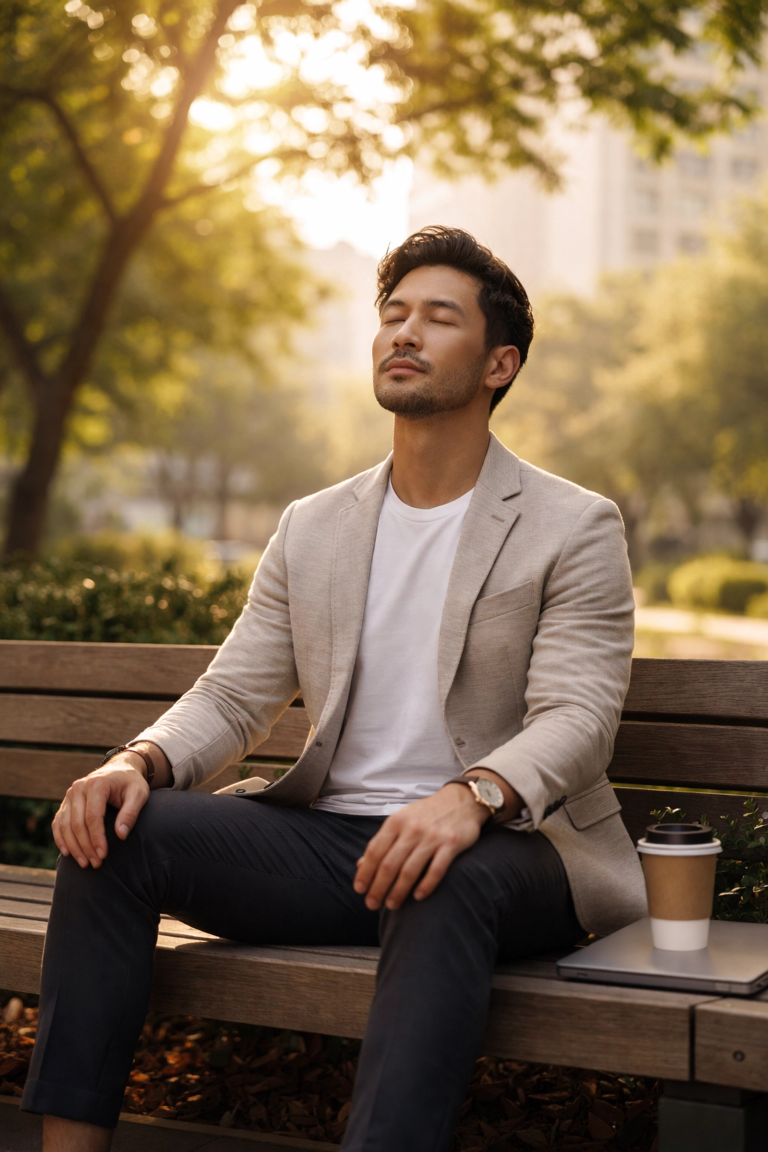 Founder taking a mindful break in a park, symbolising strategies to rediscover business purpose