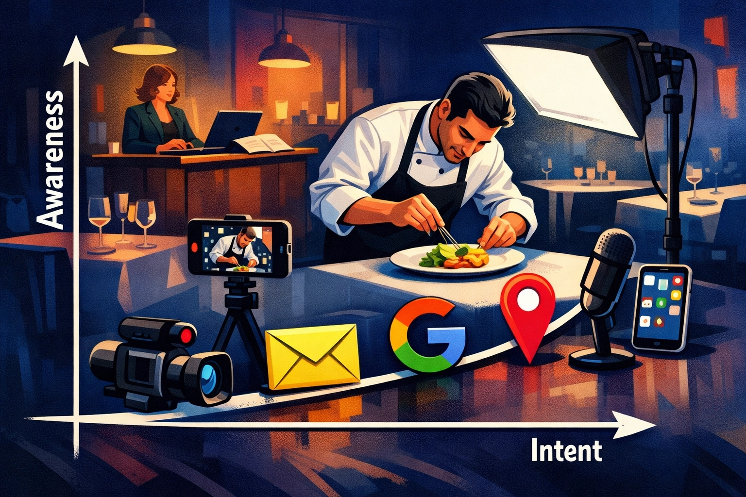 Chef creating social media content next to a marketing graph mapping awareness versus guest intent channels.