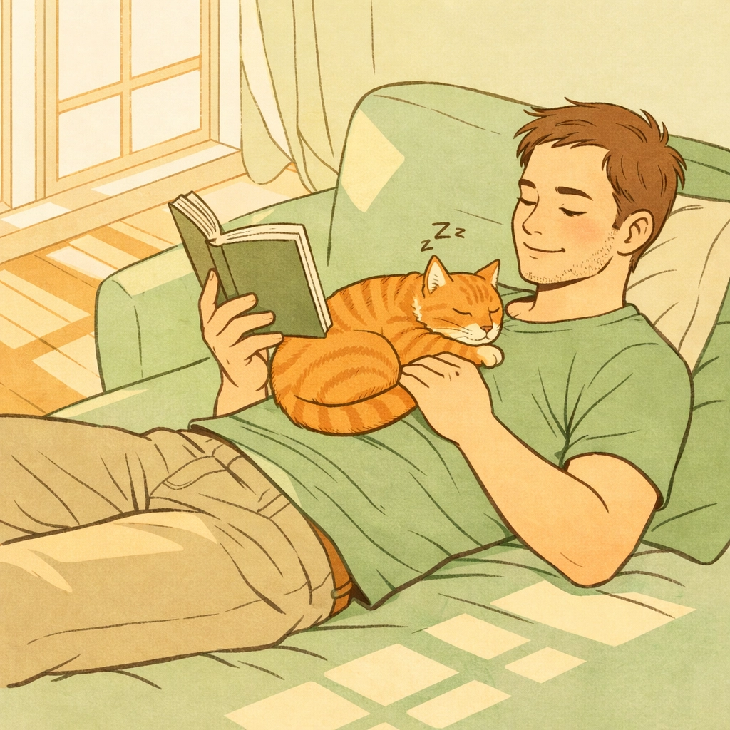 Man reading peacefully with cat on chest, unconditional love and acceptance at home