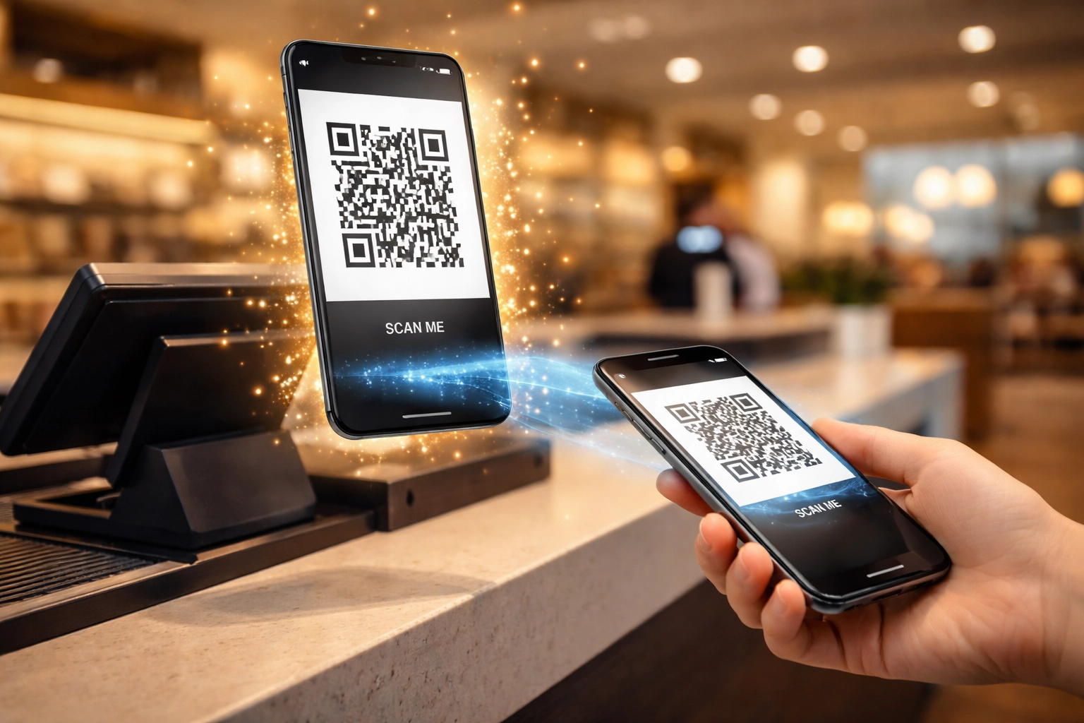 Modern retail checkout using QR code crypto payments, illustrating seamless and contactless Web3 transactions