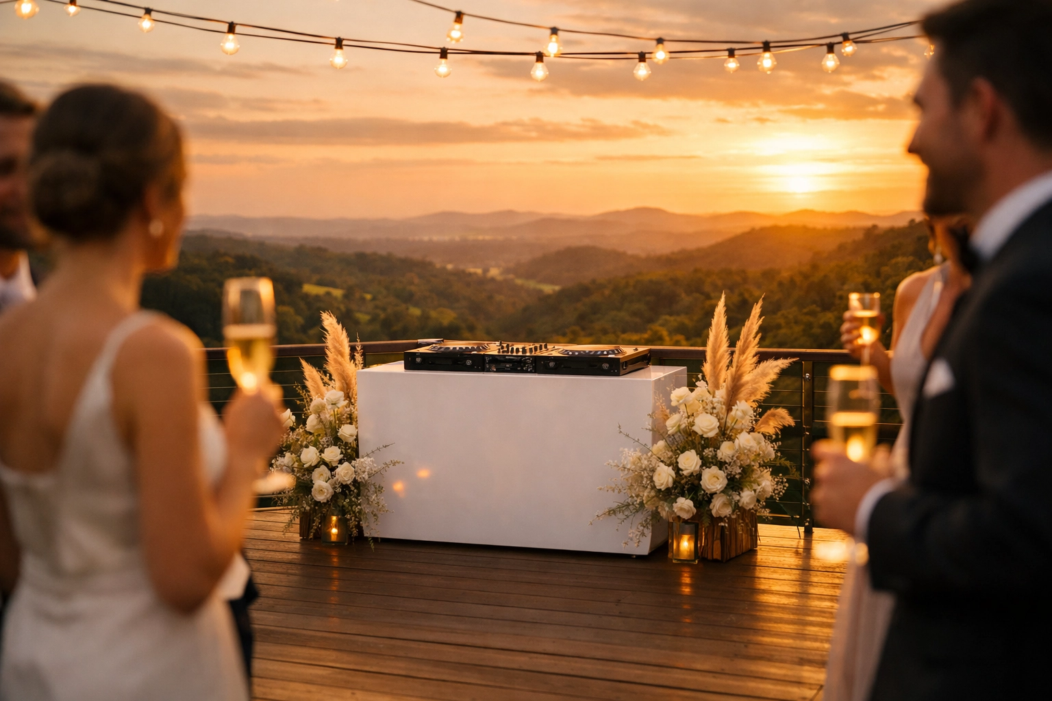 Professional wedding DJ Gold Coast setup at a sunset cocktail hour overlooking the hinterland.