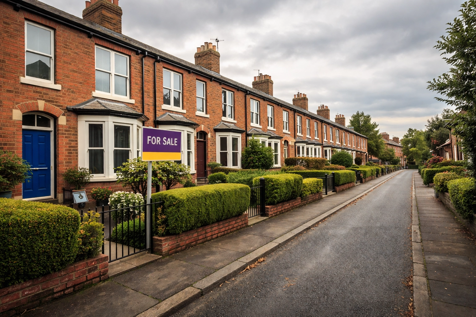 Traditional red-brick terraced street in Royton showcasing family homes for sale in the local property market.