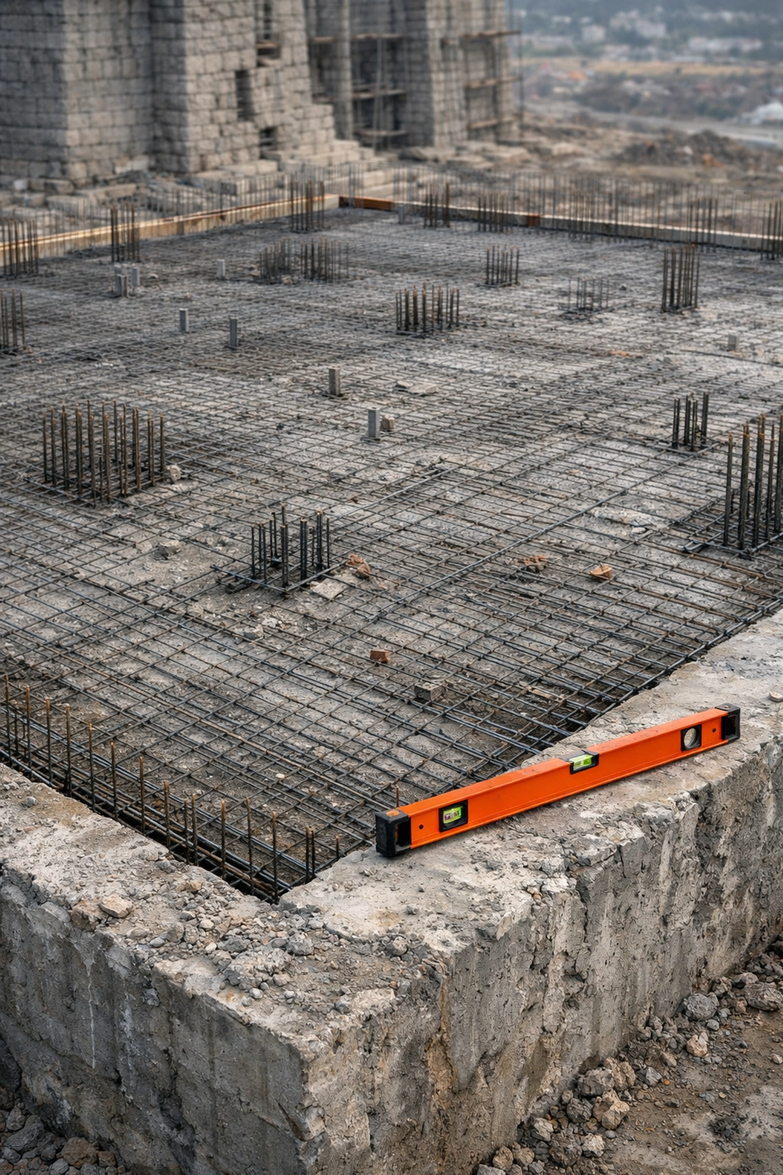 Solid concrete foundation at a construction site symbolizing the financial fortress of a Warrior-Steward.