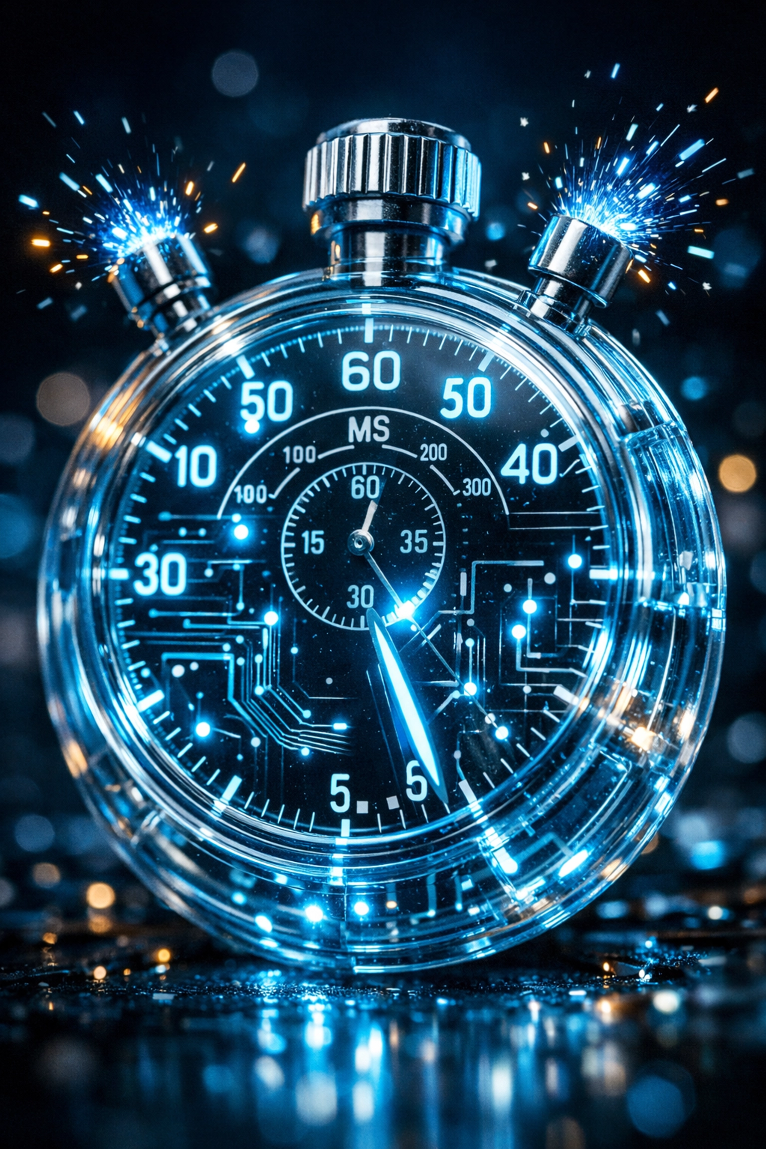 Futuristic glowing stopwatch representing the importance of fast page speed and Core Web Vitals for SEO.