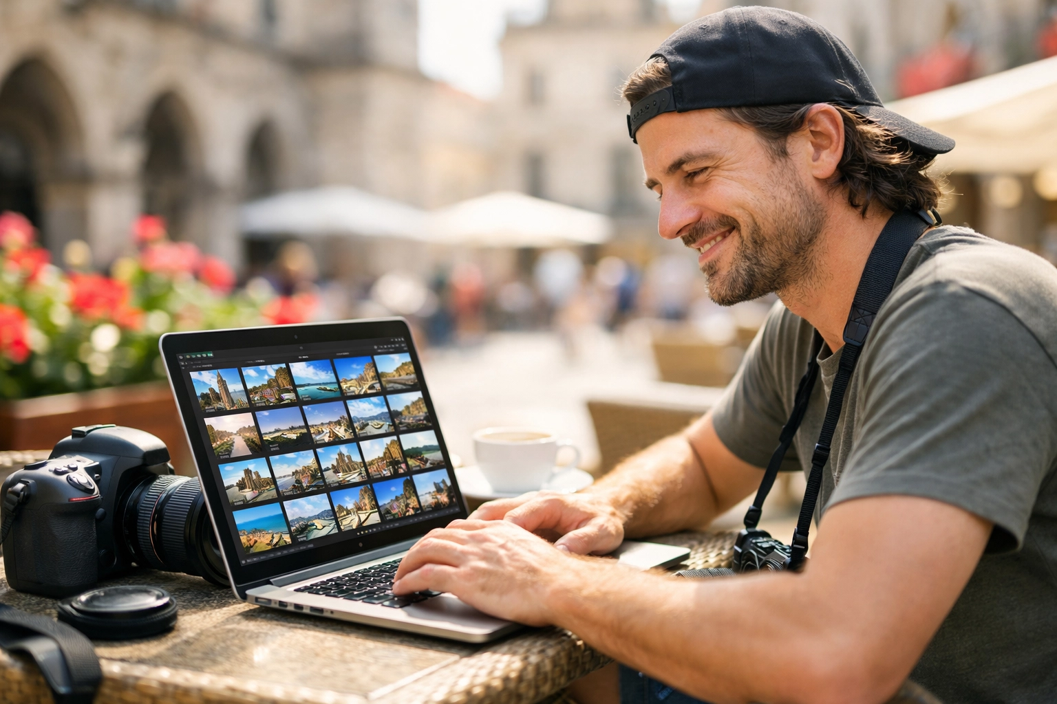 Professional photographer using a laptop at an outdoor cafe to manage a high-speed travel photography workflow.