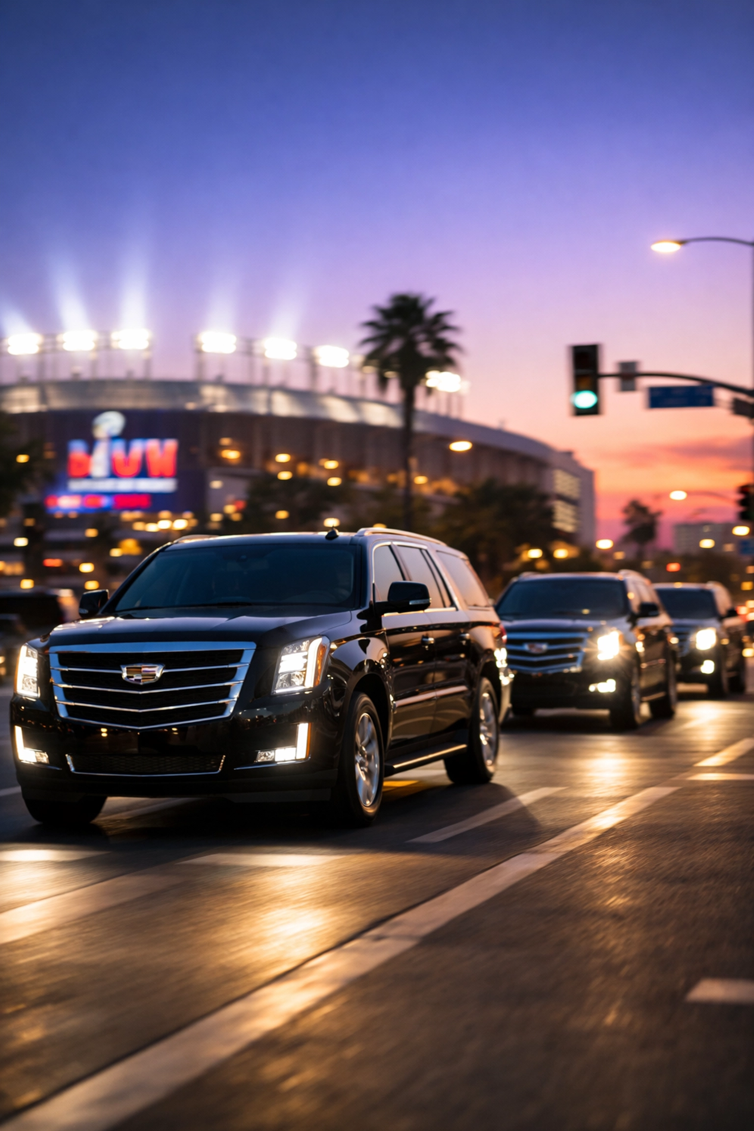 Luxury SUV convoy providing Super Bowl executive transportation with stadium in background