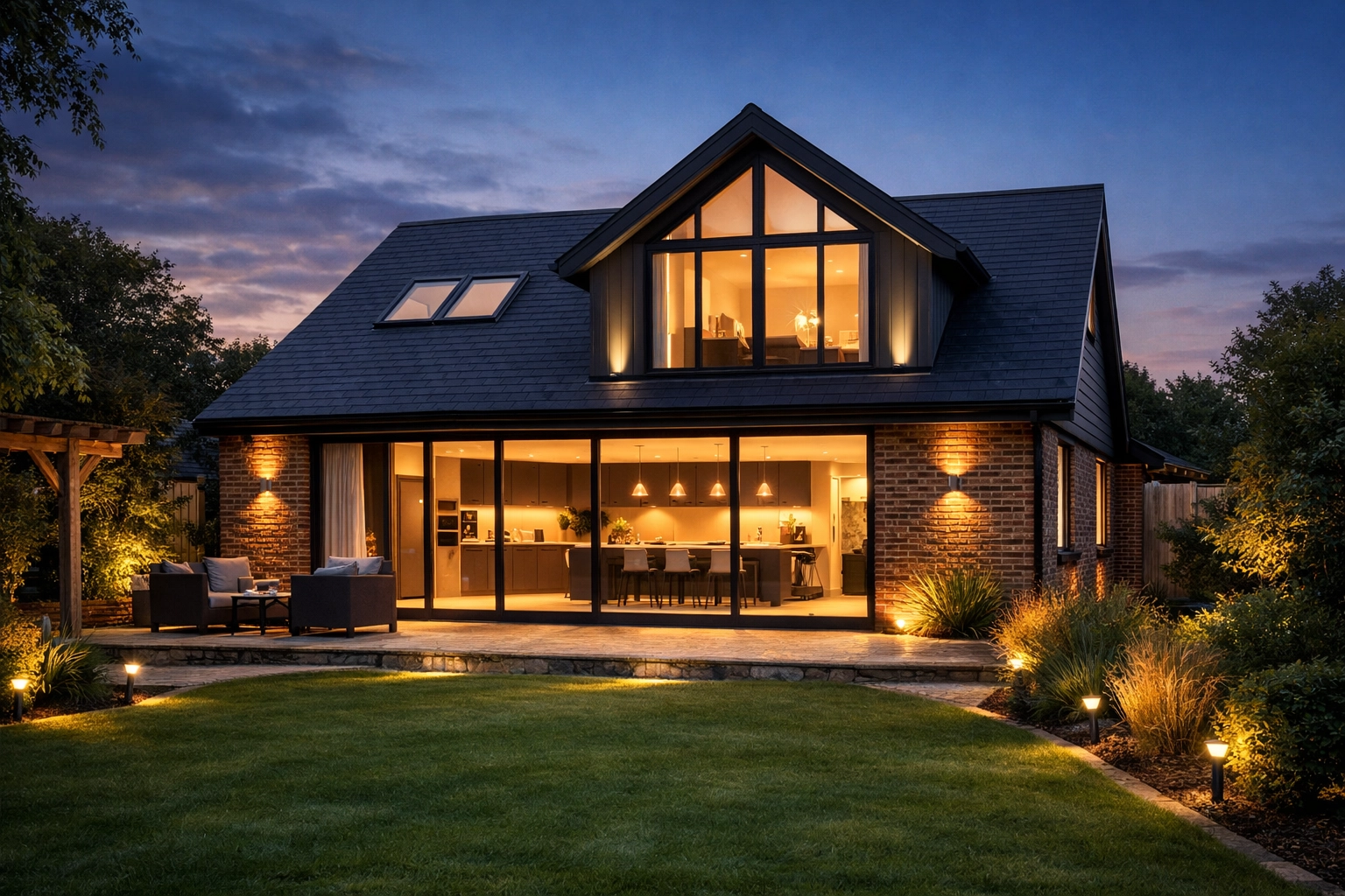 Modern exterior of a West Sussex bungalow transformed into a two-storey family home with cladding.