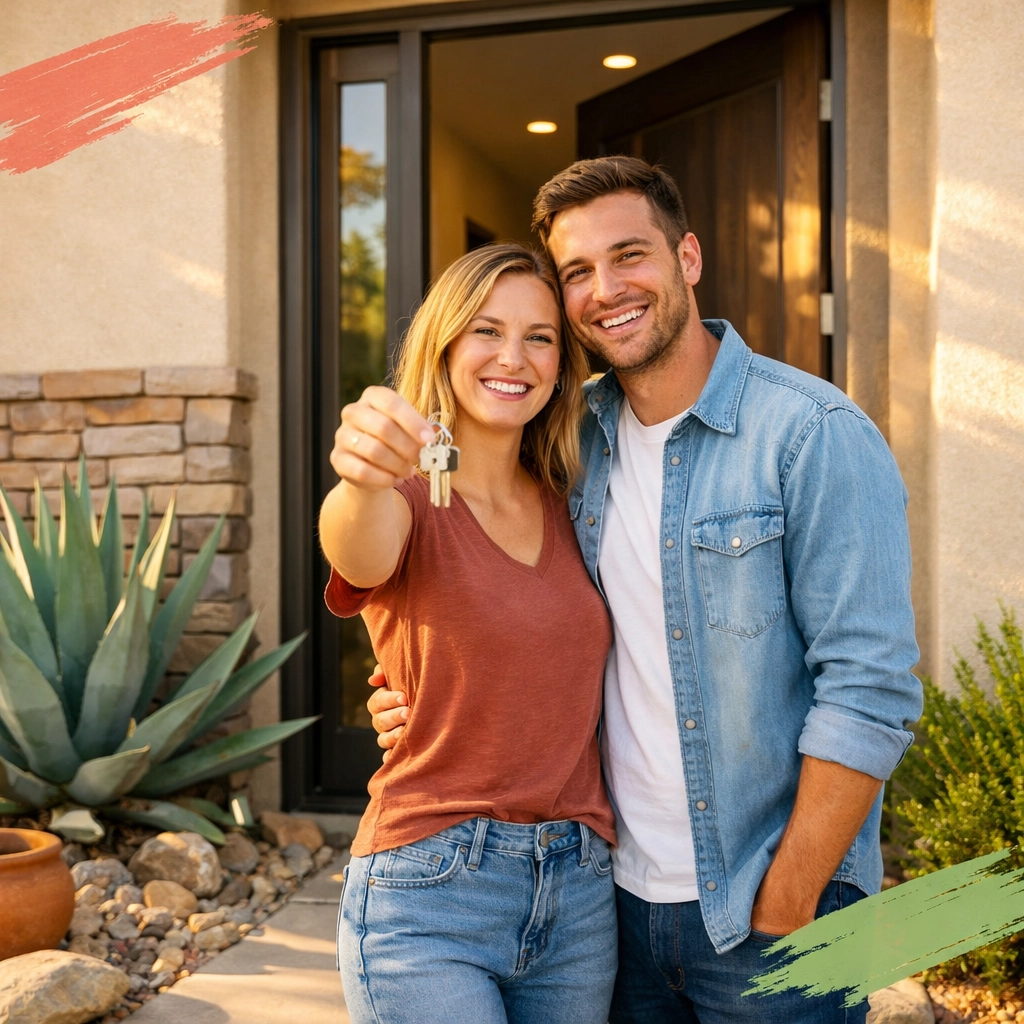 Happy couple holding keys at doorway of new Arizona home with desert landscaping Happy couple holding keys at doorway of new Arizona home with desert landscaping