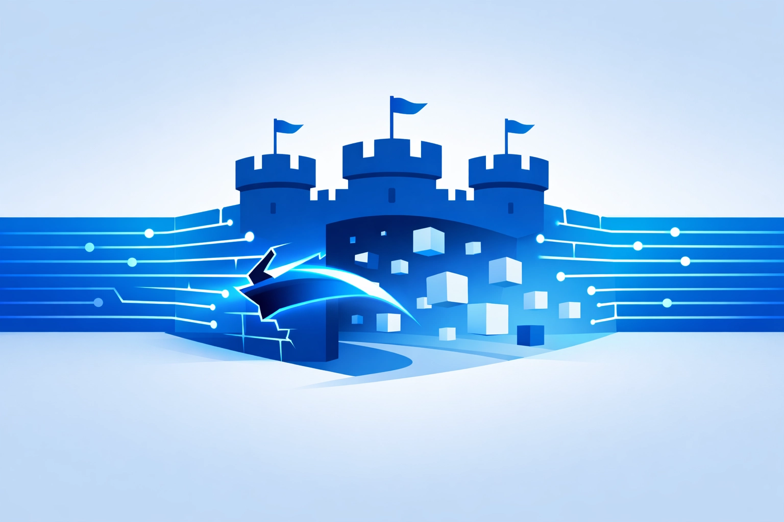 Illustration of a traditional network security perimeter being bypassed by a data breach.