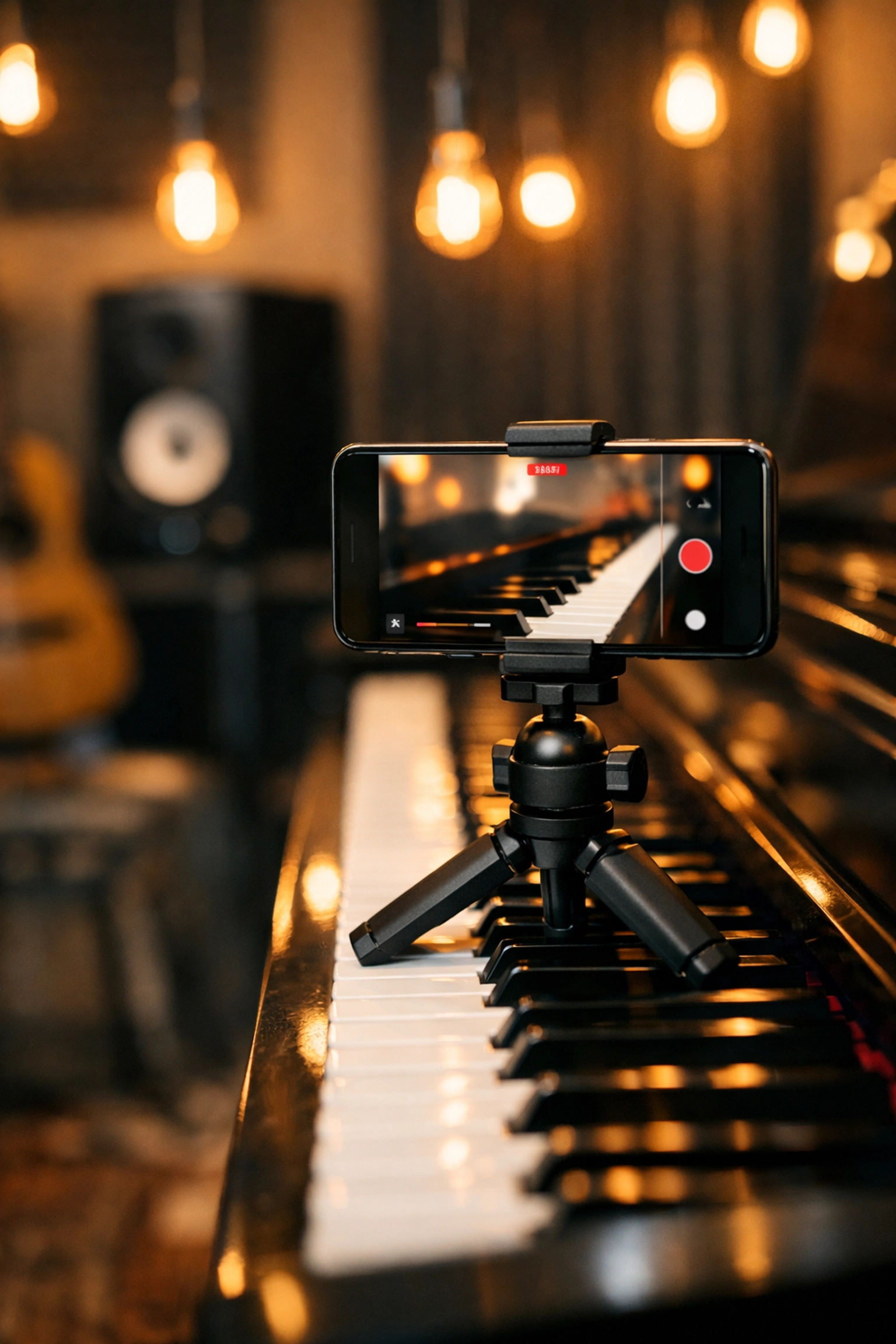 Using a smartphone to record a piano practice session for feedback and self-correction.