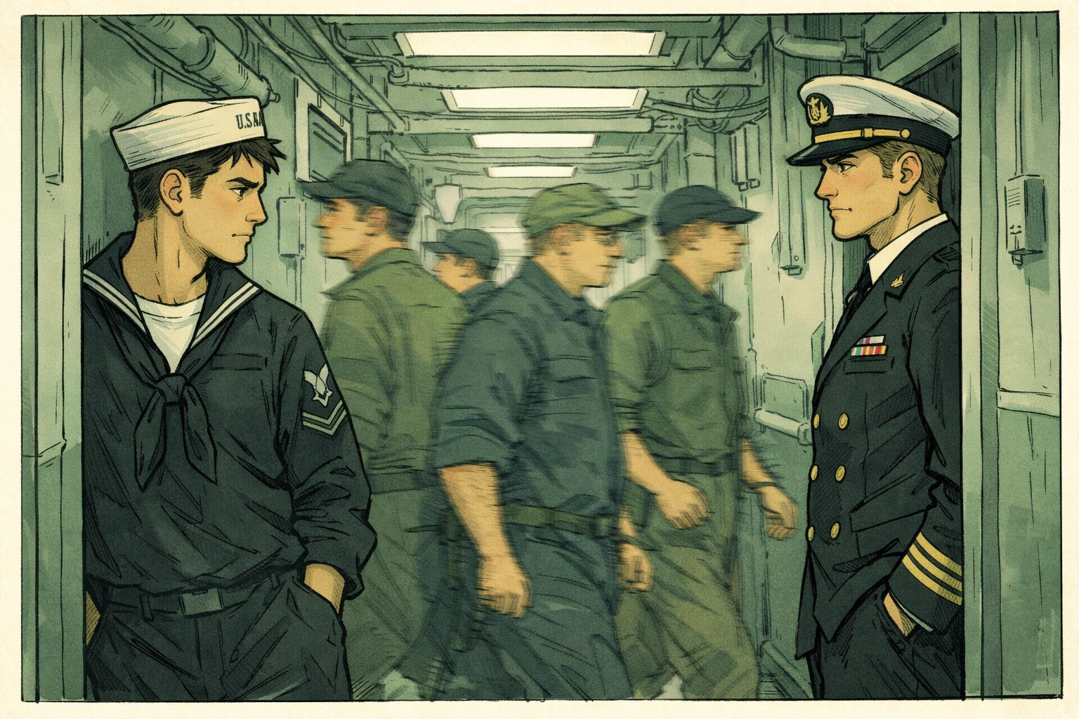 Modern naval officers exchange longing glances aboard ship - contemporary gay romance tension