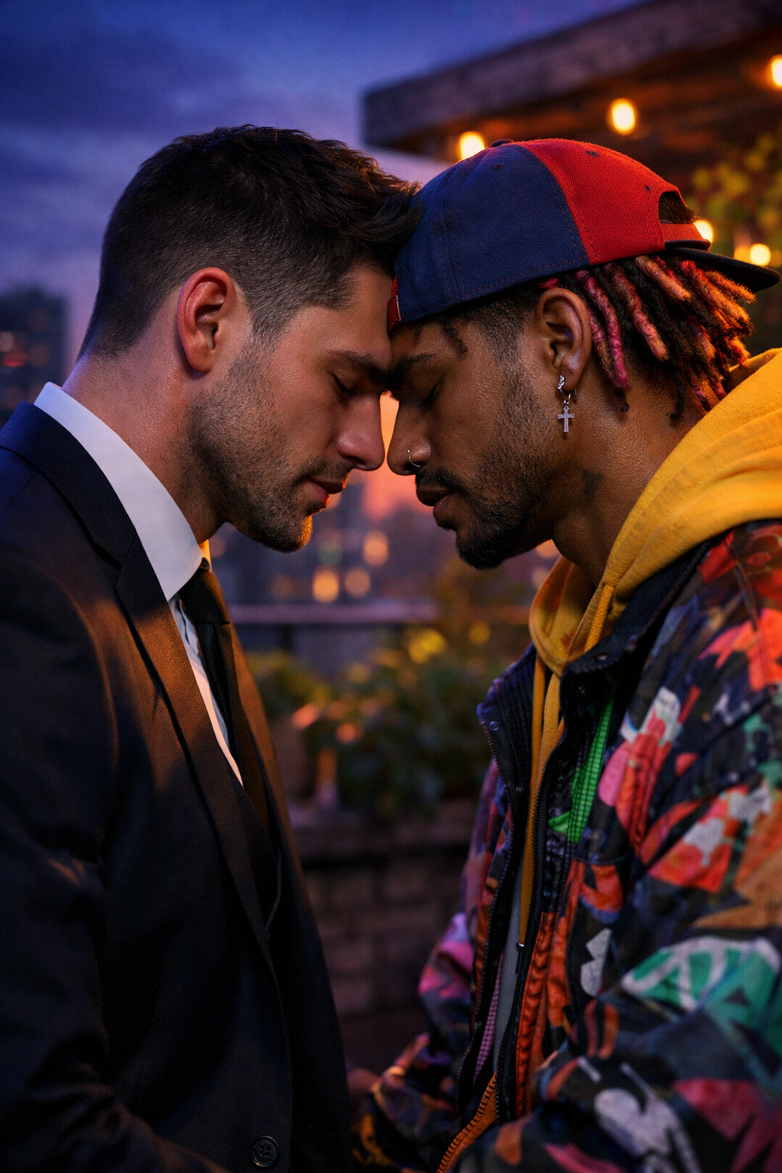 Men finding a spiritual connection in an urban garden, reflecting soul-matching themes in MM romance books.