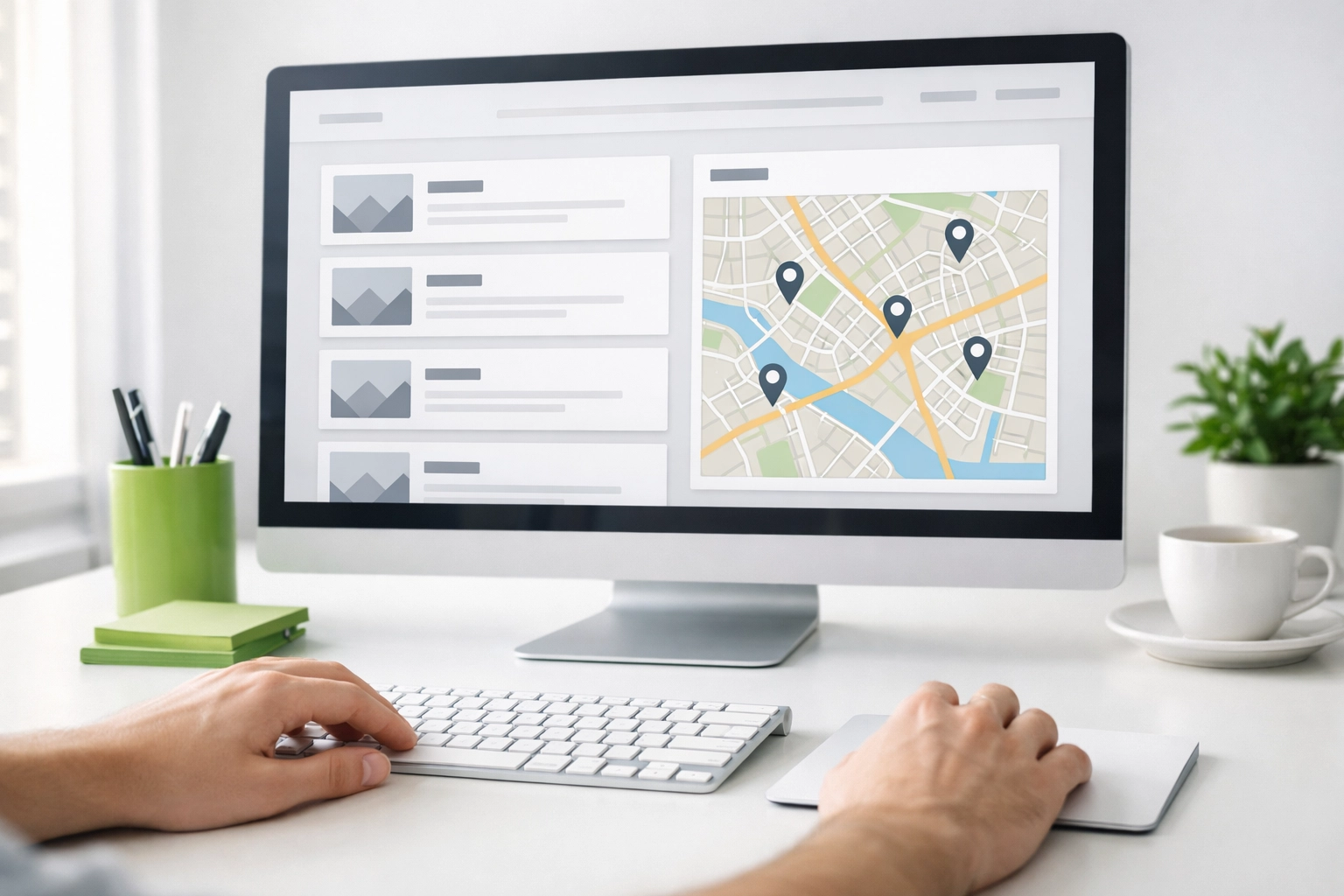 A professional web development company workspace featuring a modern website design with localized maps and pages.