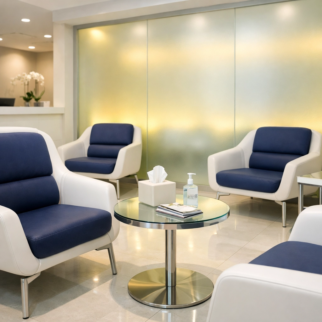 Sanitized medical office waiting room in Medfield showing professional healthcare cleaning standards.