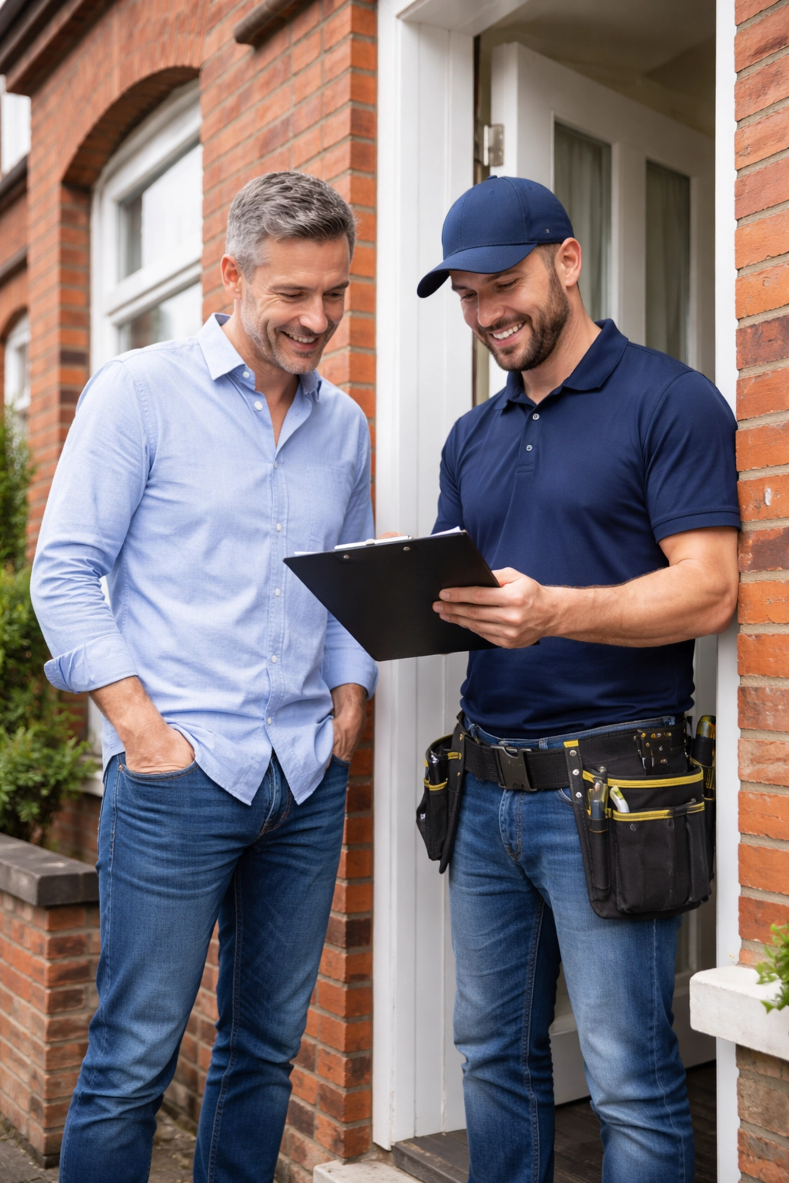 Homeowner in Belfast discussing roofing project details with a local contractor at their front door