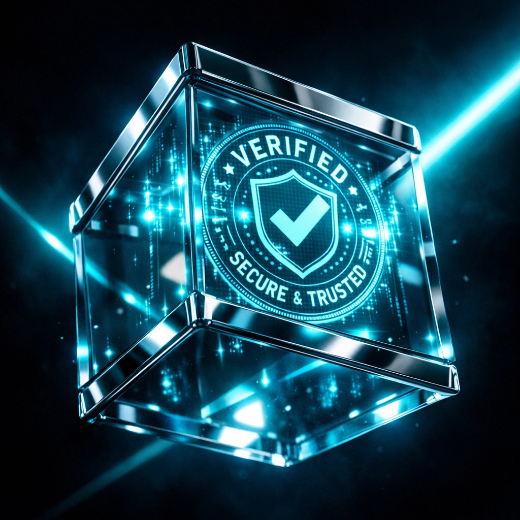 Glowing digital verification seal inside a glass prism representing trust in professional webmail services.