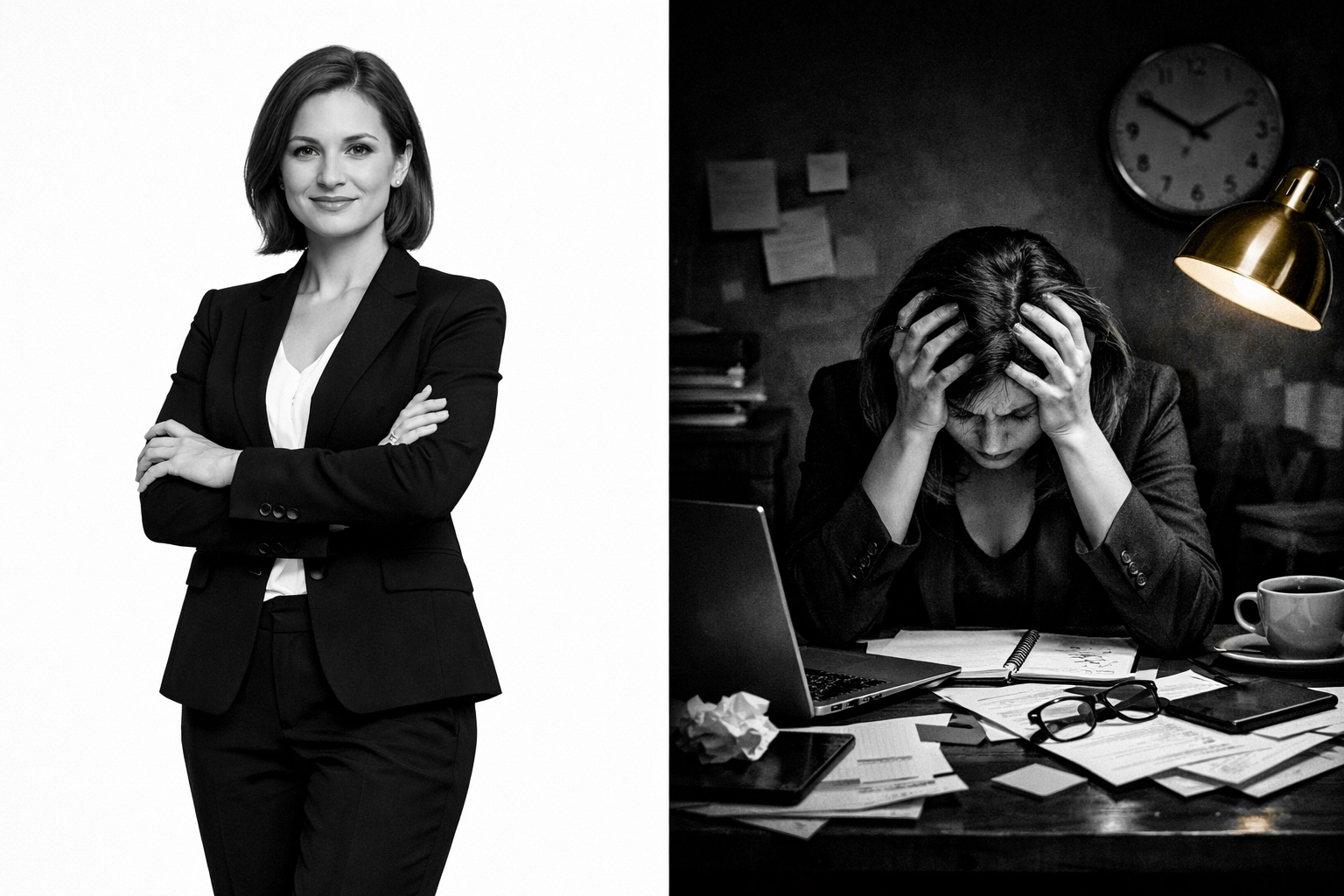 Professional showing contrast between confidence and stress from tolerating poor performance