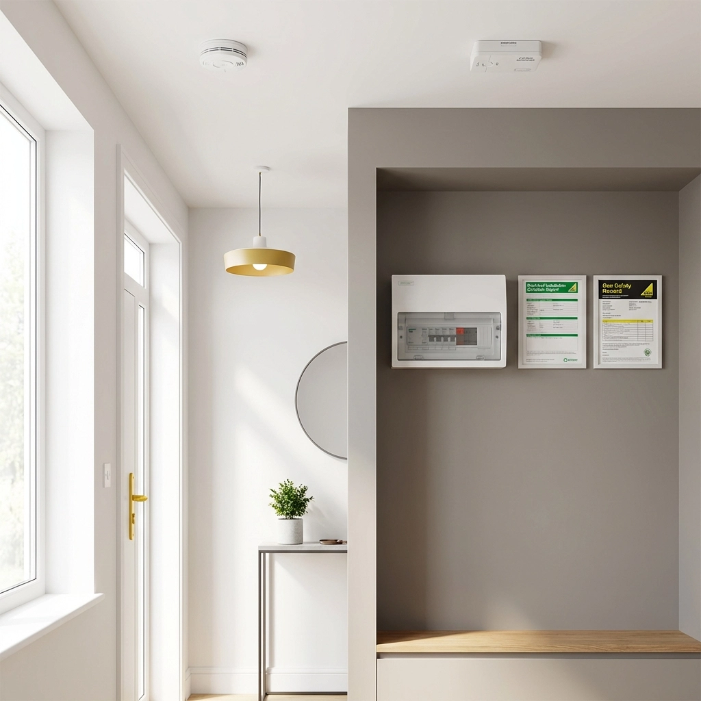 Modern British property hallway featuring safety certificates, smoke alarm, and carbon monoxide detector for landlord compliance