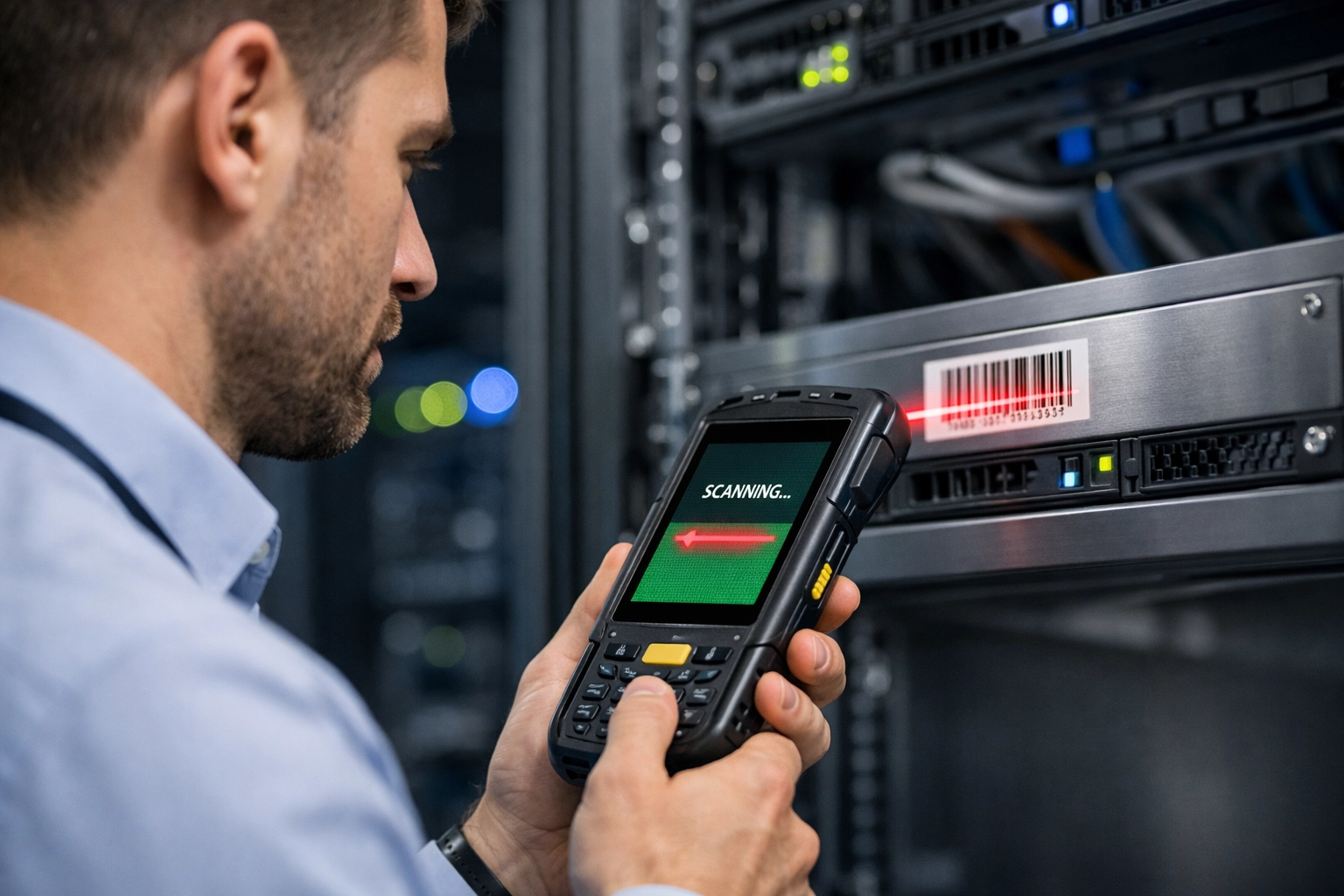IT professional scanning hardware to sync ServiceNow ITOM discovery with asset records.