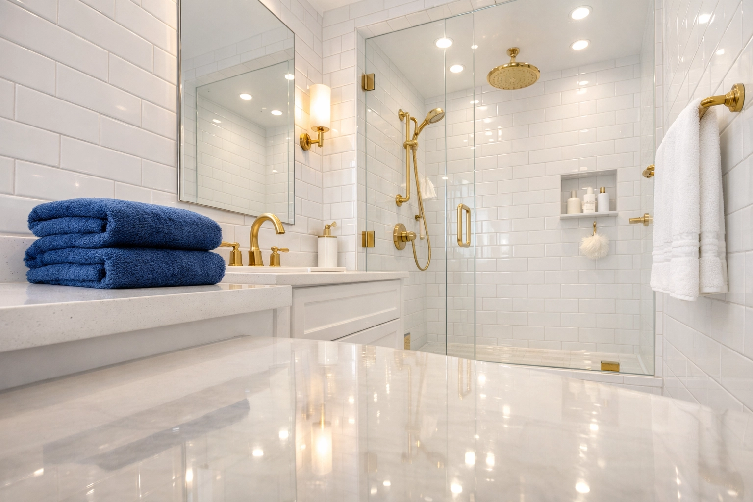 Sparkling white subway tiles and fixtures after a professional Deep Cleaning in Walpole bathroom service.