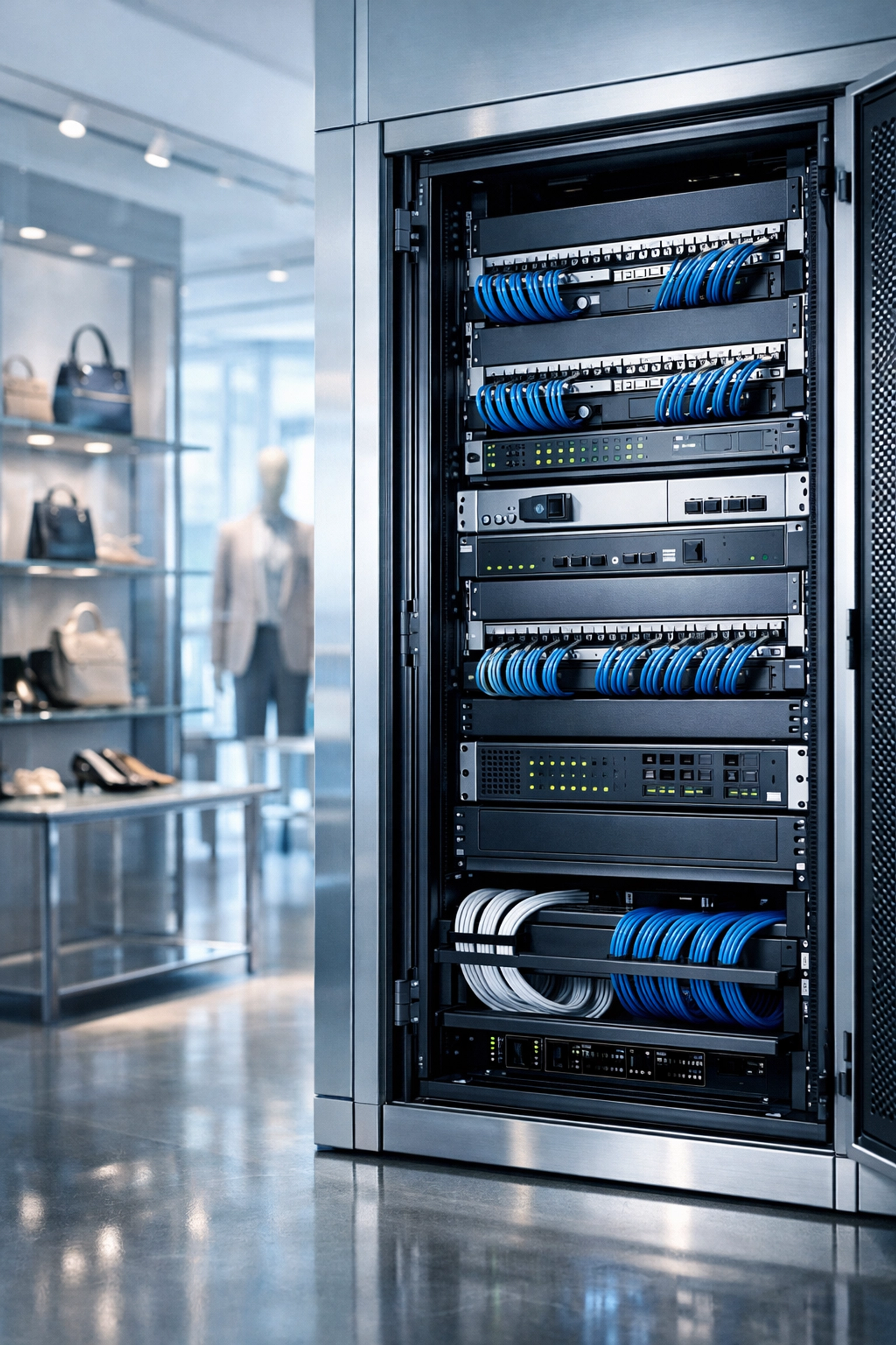 Structured cabling and network equipment in server rack for luxury retail boutique
