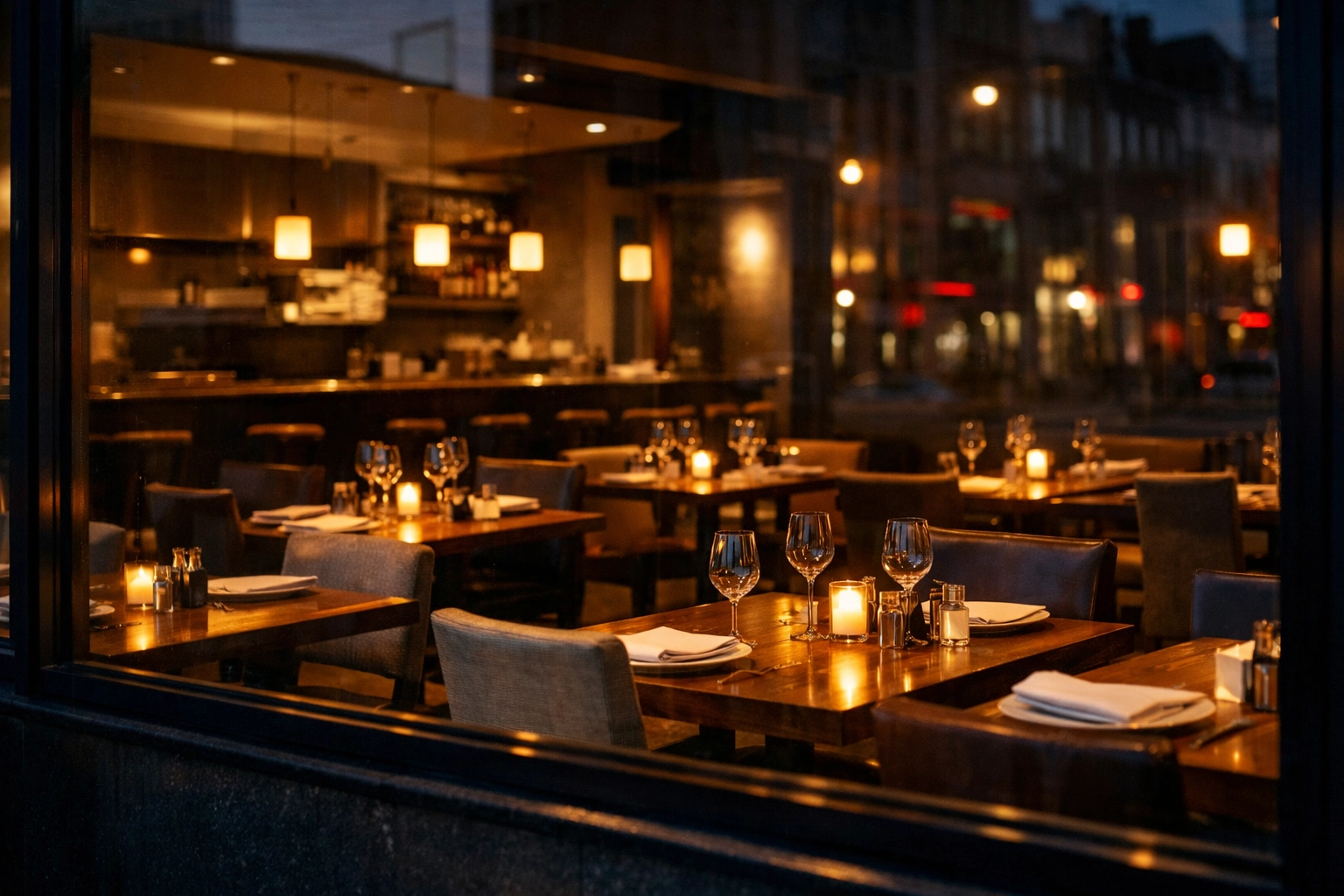 Empty restaurant dining room with set tables and no customers at dusk