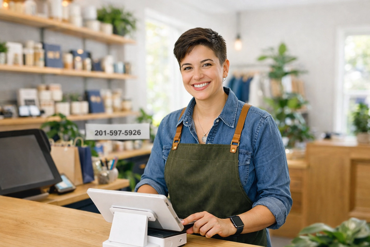 Boutique owner using a modern tablet payment system to manage transactions and small business processing needs.