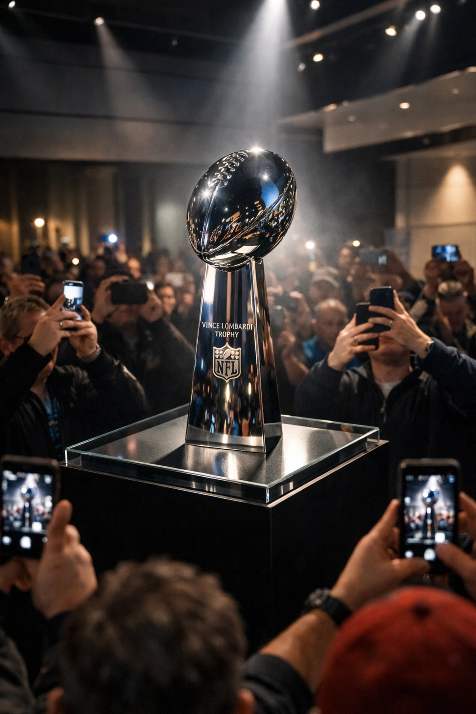 Fans taking photos with the Vince Lombardi Trophy at Super Bowl 2026 experience event