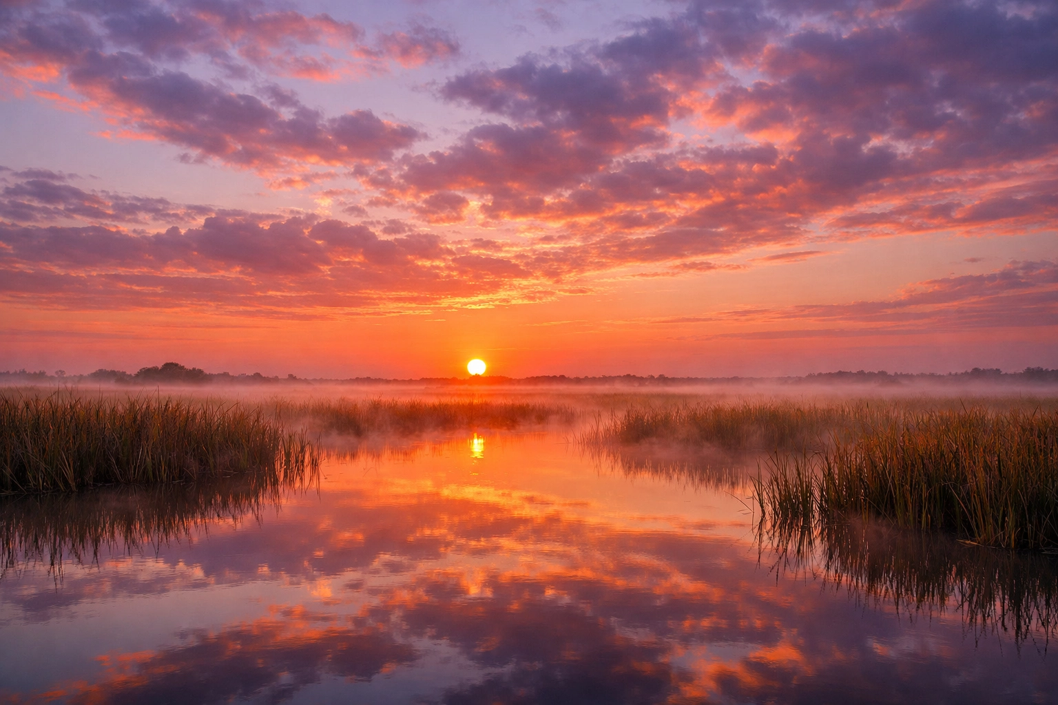 Sunrise over the Florida Everglades sawgrass, the best time for photographing wading birds.