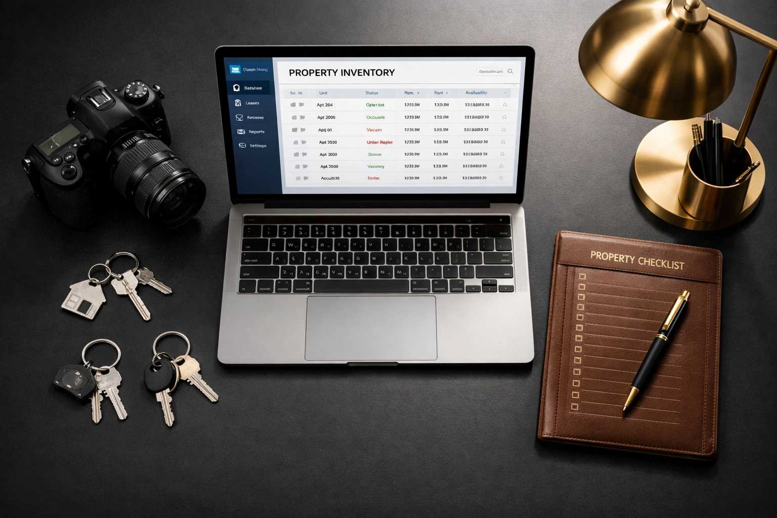 Property manager workspace with inventory software and professional photography equipment