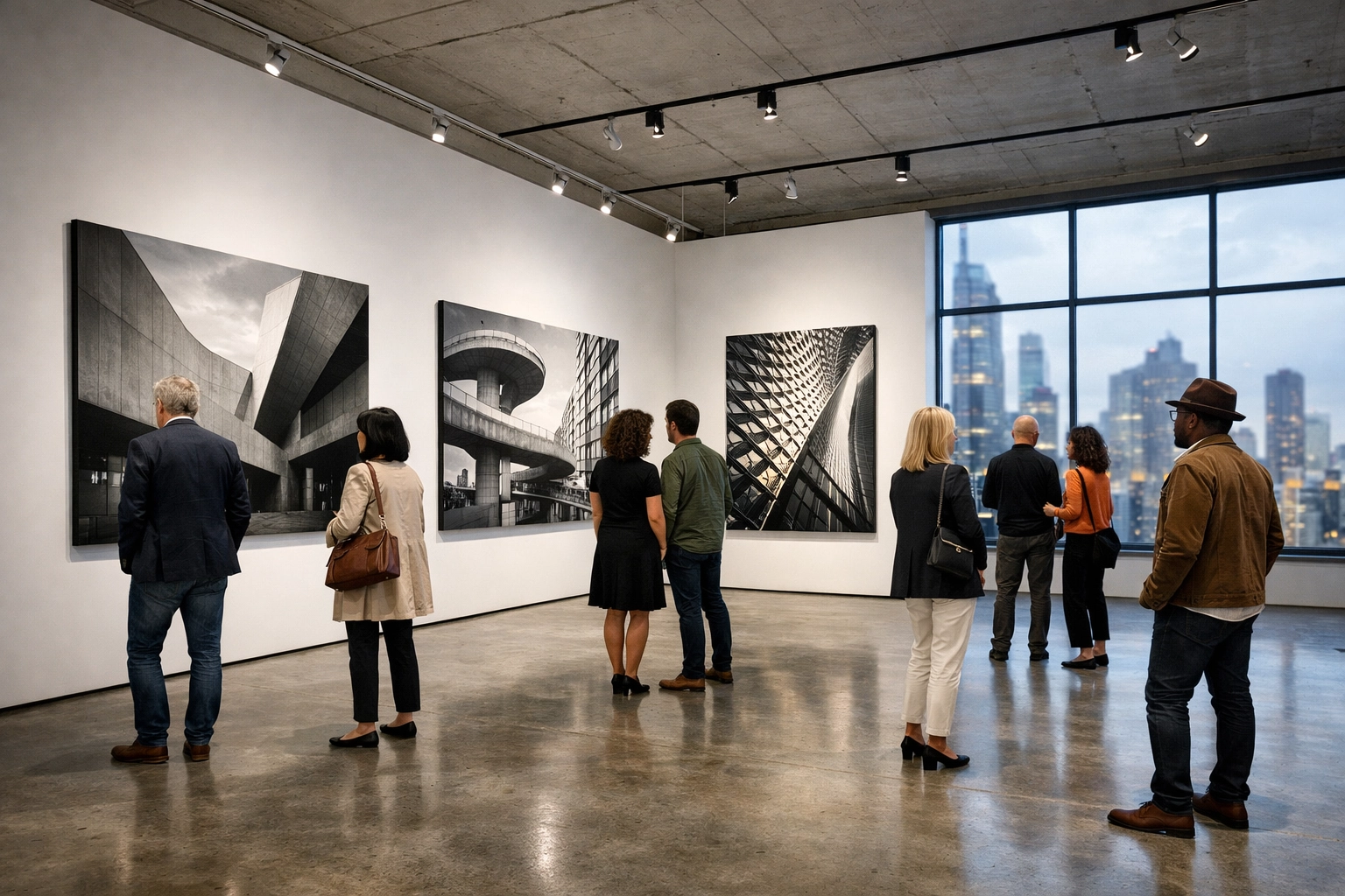 Art lovers viewing large-scale prints at a modern photography news exhibition in Rotterdam.