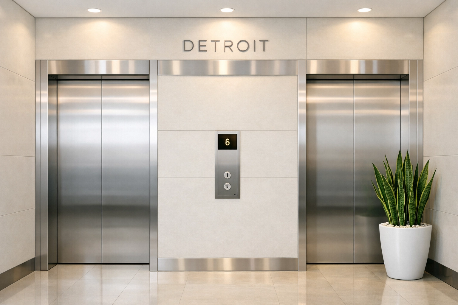 Spotless modern elevator bank in a Detroit office building showing high-quality commercial cleaning results.