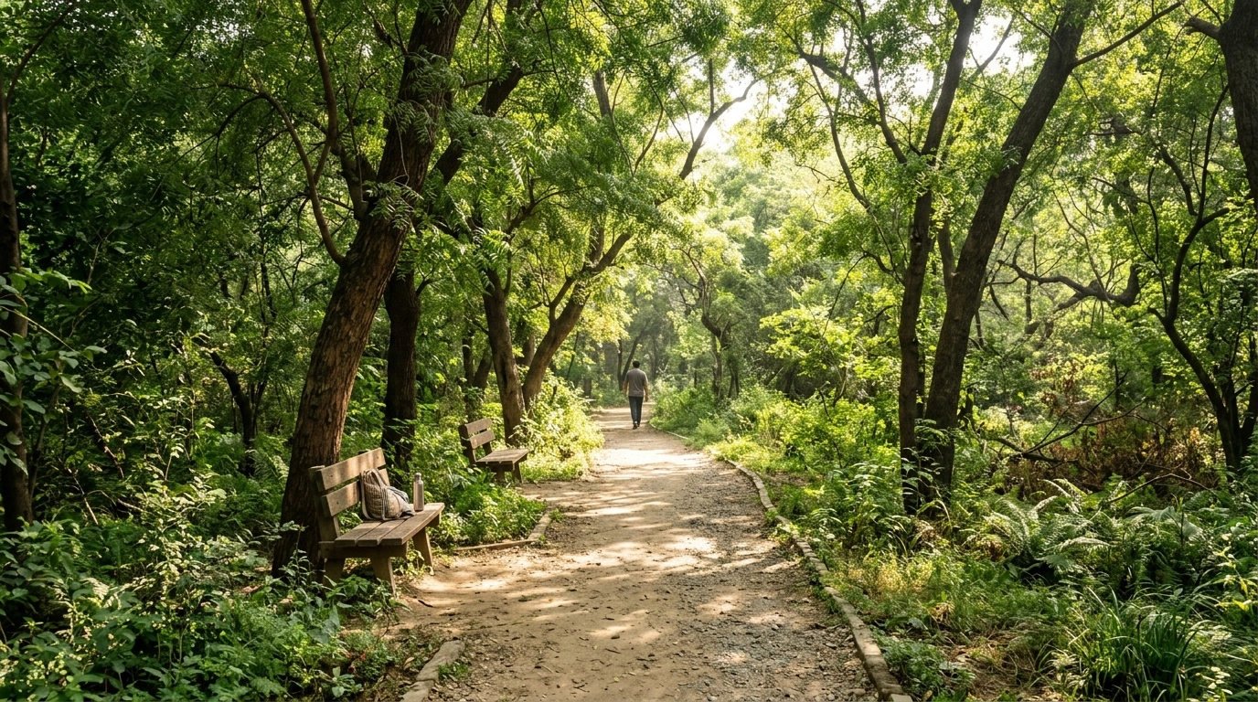 The lush greenery of the Siri Fort City Forest providing a peaceful break for event attendees.
