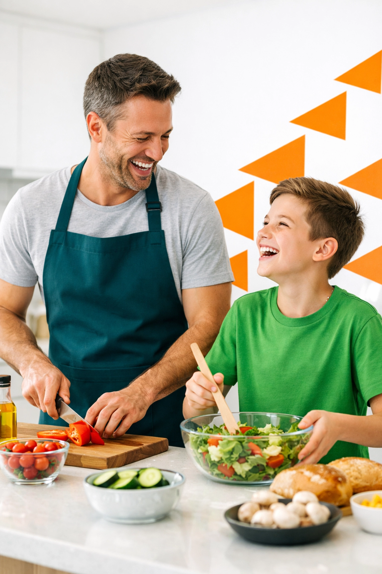 Father and pre-teen son laughing together, highlighting mentorship and puberty education for teens.