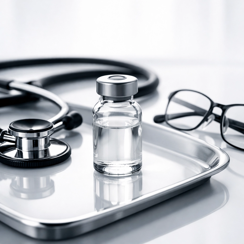 Clinical medical vial and stethoscope representing expert-led metabolic health consultations at Slice Telehealth.