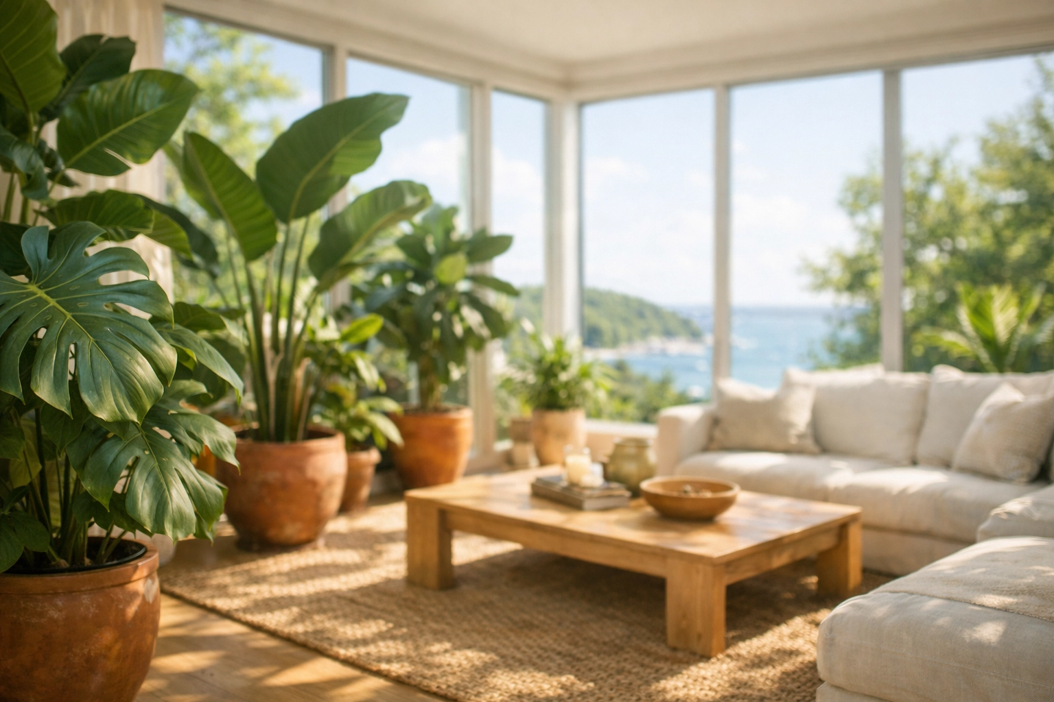 High-design living room with biophilic elements, coastal views, and lush plants in a Virginia house.