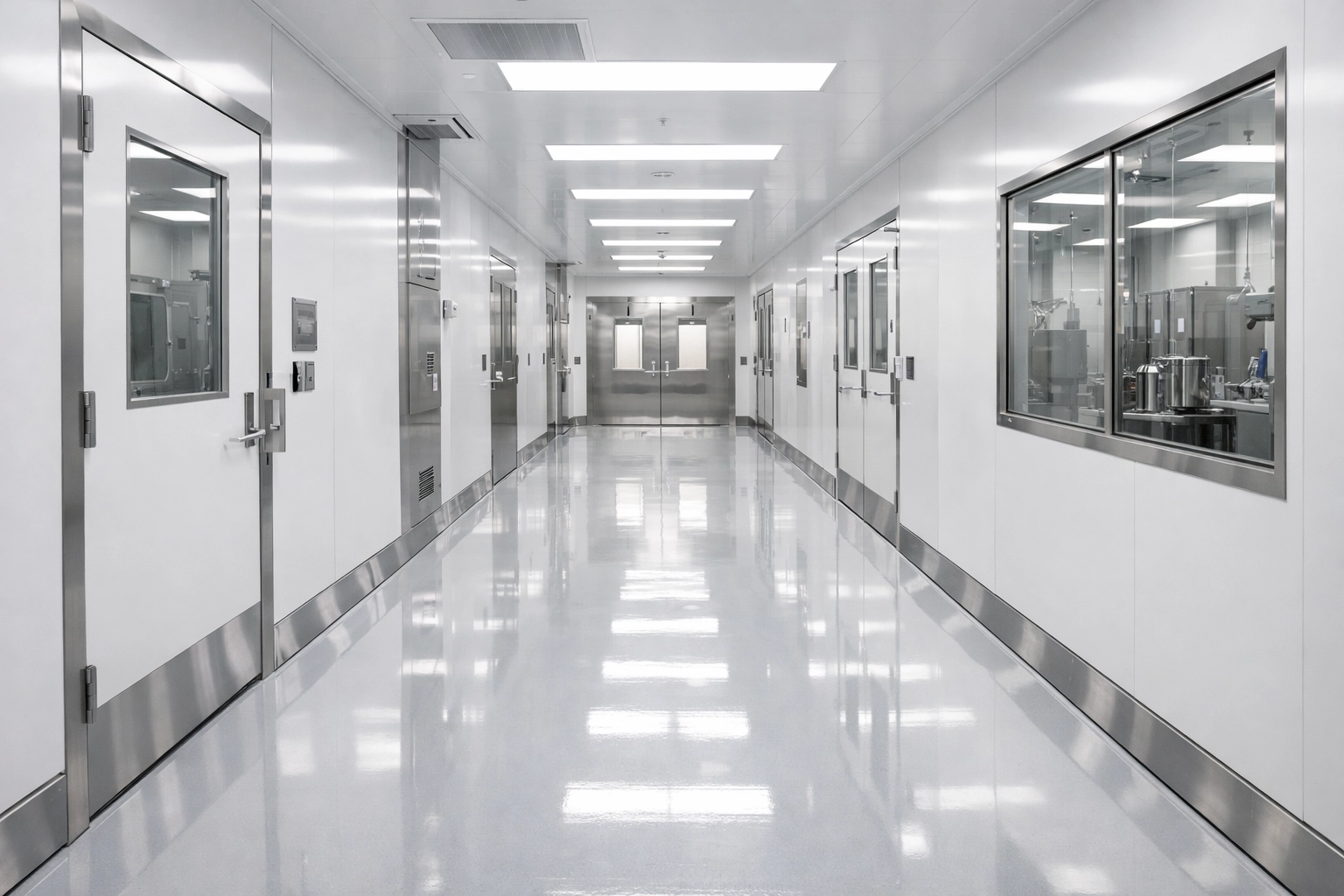Ultra-clean sterile corridor in a Worcester biotech facility featuring high-gloss floors and dust-free surfaces.