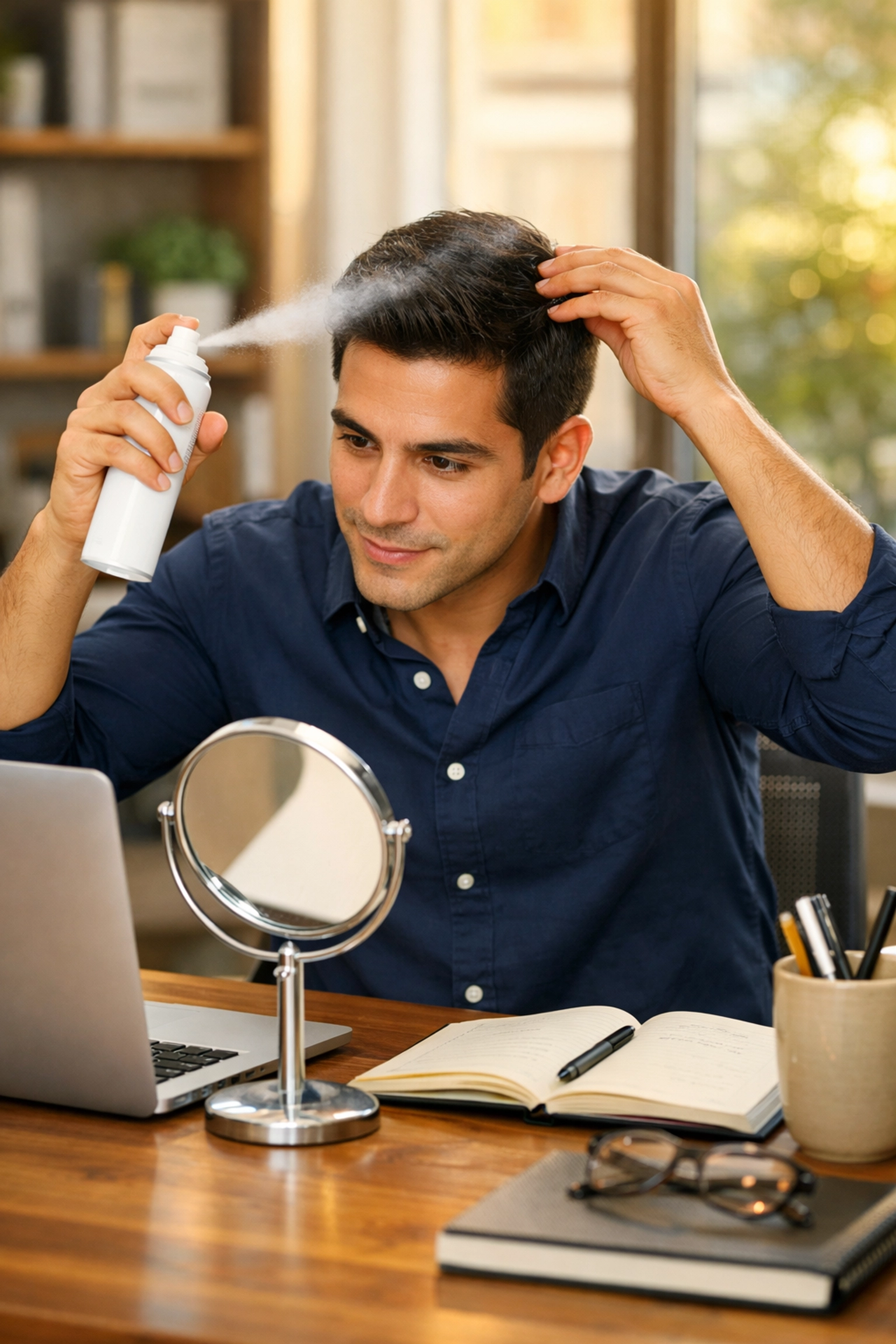 Man using dry shampoo at desk to restore hair volume during workday