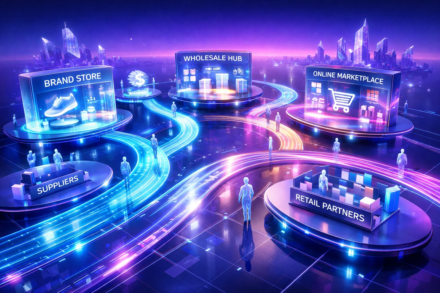 Futuristic metaverse shopping mall with holographic storefronts and crypto payment streams