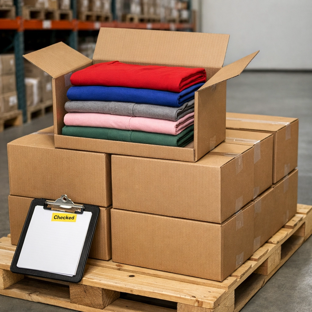 Neatly stacked bulk wholesale clothing inventory in a warehouse ready for fast shipping and logistics.
