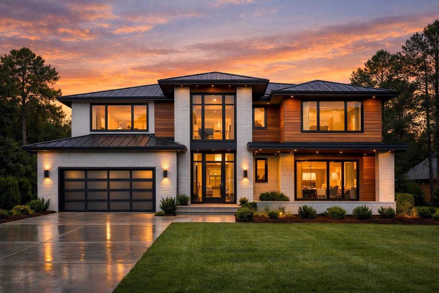 Modern Raleigh home exterior with pristine landscaping at golden hour, maximizing selling profit.