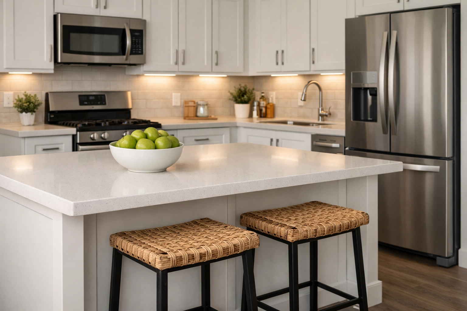 Upscale kitchen with modern appliances and an island in a Piney Woods manufactured home.