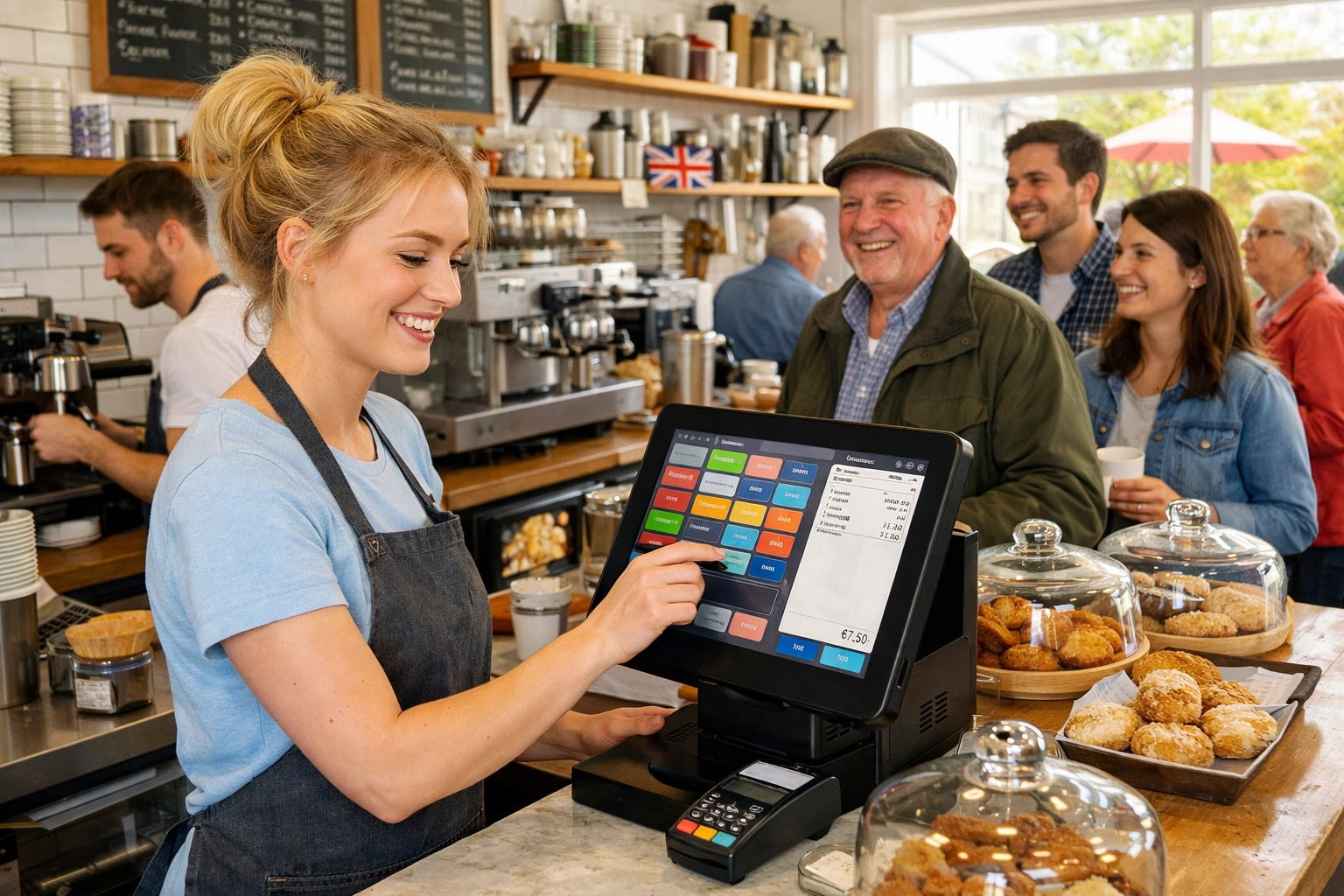 Busy UK café staff using touchscreen EPOS system during peak Saturday trading hours
