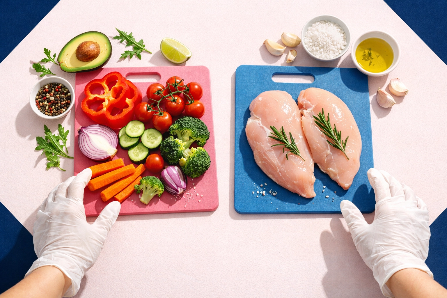 Safe food prep with raw chicken and vegetables on separate color-coded cutting boards to prevent cross-contamination