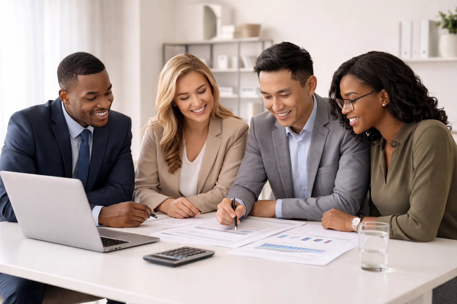 Diverse tax professionals collaborating at a minimalist conference table, highlighting knowledge sharing