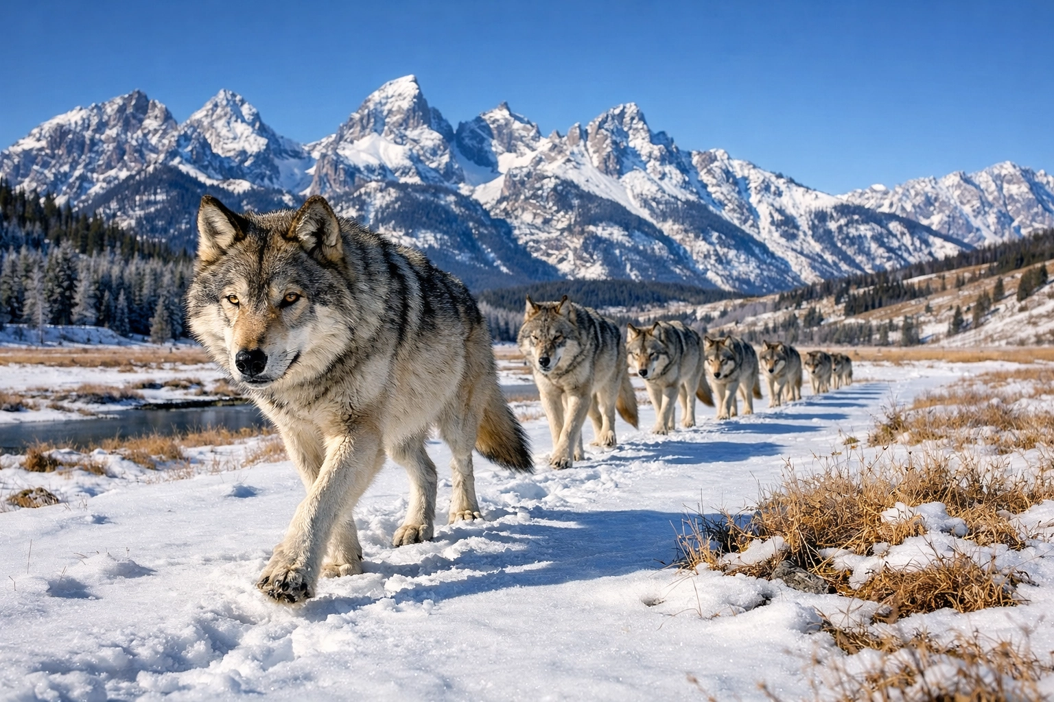 A wolf pack in the Yellowstone wilderness demonstrating leadership and teamwork for student learning.